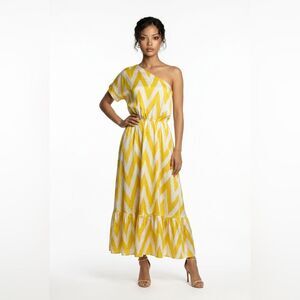 Punicana Sultan one sleeve silk blend Maxi dress in yellow and white size XS